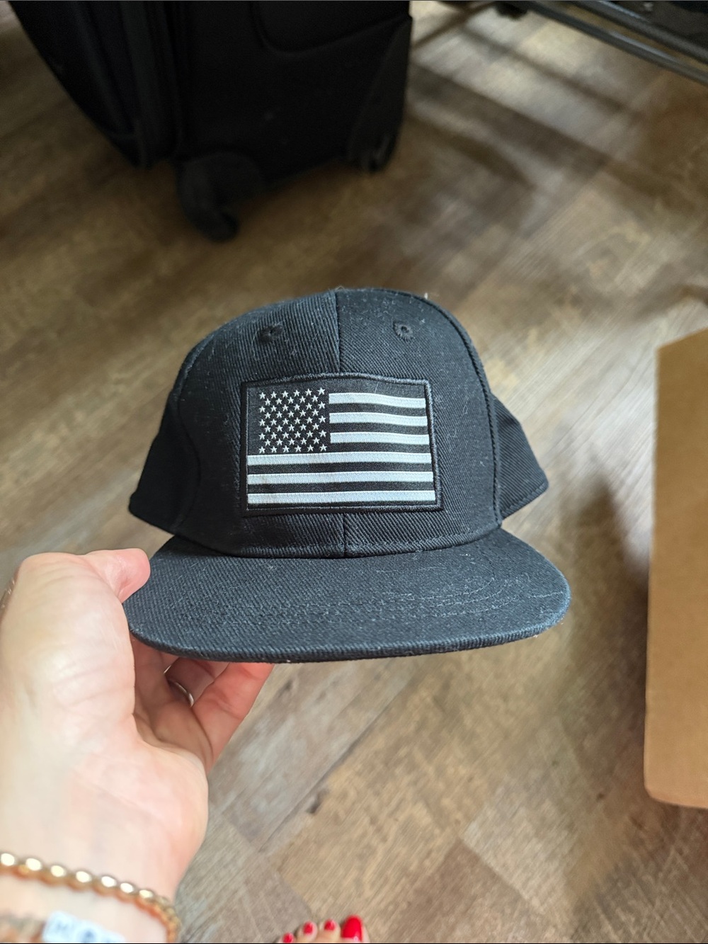 Black Snapback Hat with Monochrome American Flag Patch